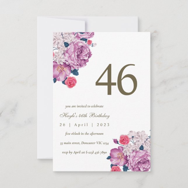 Purple Floral Botanical Simple Chic 46th Birthday Invitation (Front)