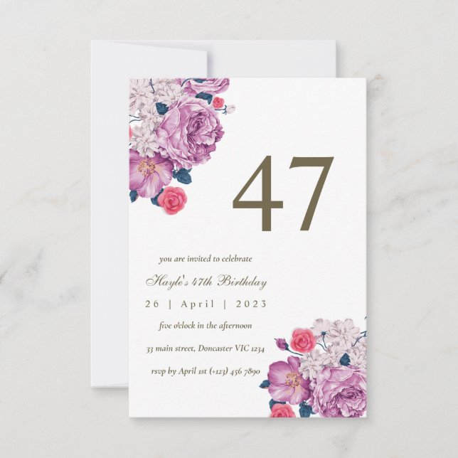 Purple Floral Botanical Simple Chic 47th Birthday Invitation (Front)