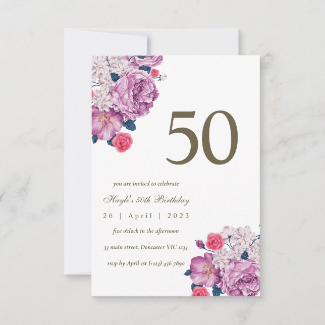Purple Floral Botanical Simple Chic 50th Birthday Invitation (Front)