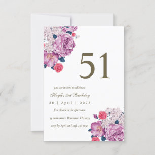 Purple Floral Botanical Simple Chic 51st Birthday Invitation