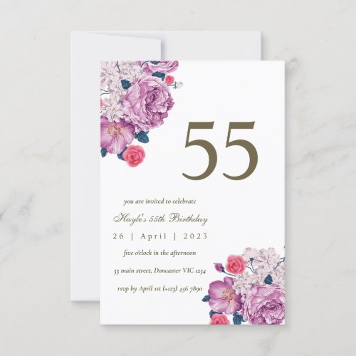 Purple Floral Botanical Simple Chic 55th Birthday Invitation