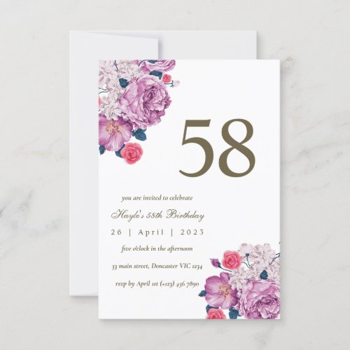 Purple Floral Botanical Simple Chic 58th Birthday Invitation