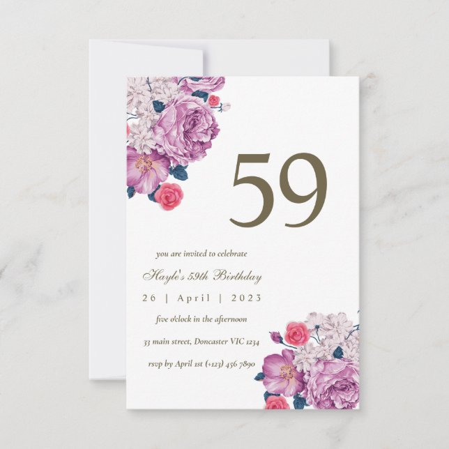 Purple Floral Botanical Simple Chic 59th Birthday Invitation (Front)