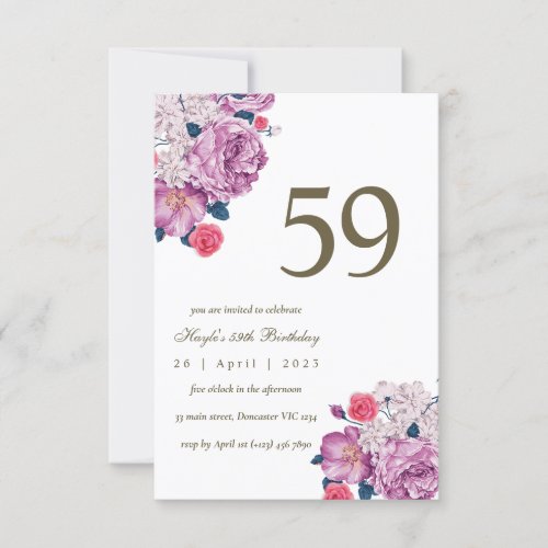 Purple Floral Botanical Simple Chic 59th Birthday Invitation