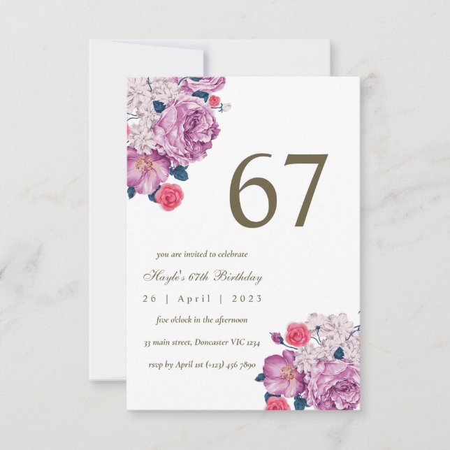 Purple Floral Botanical Simple Chic 67th Birthday Invitation (Front)