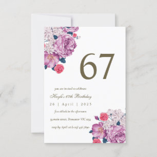Purple Floral Botanical Simple Chic 67th Birthday Invitation