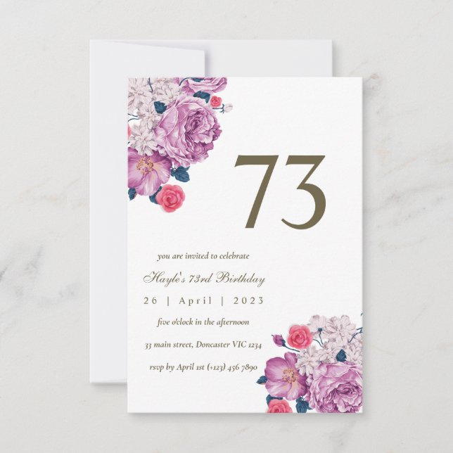 Purple Floral Botanical Simple Chic 73rd Birthday Invitation (Front)