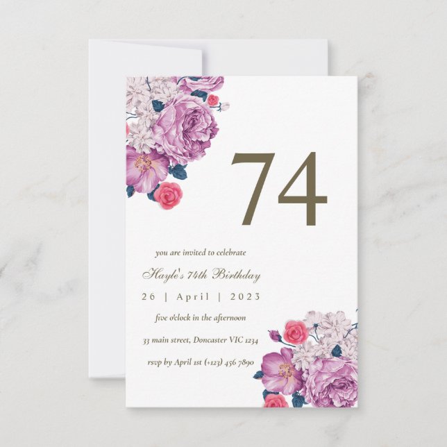 Purple Floral Botanical Simple Chic 74th Birthday Invitation (Front)