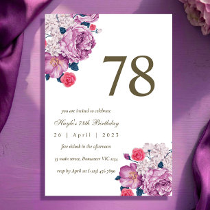 Purple Floral Botanical Simple Chic 78th Birthday Invitation