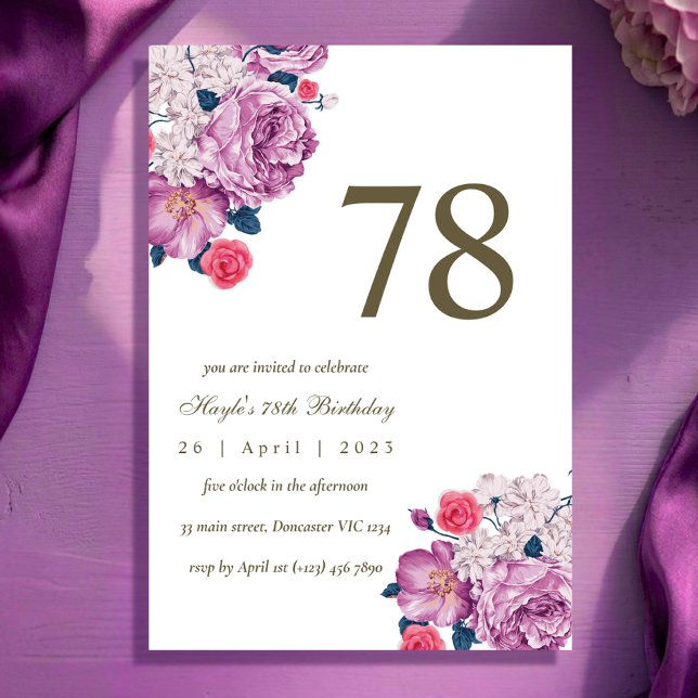 Purple Floral Botanical Simple Chic 78th Birthday Invitation (Creator Uploaded)