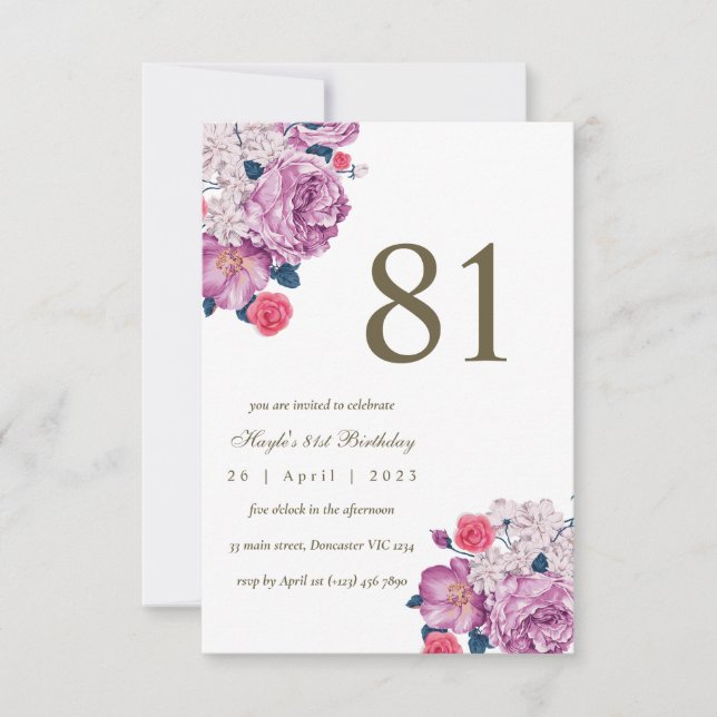 Purple Floral Botanical Simple Chic 81st Birthday Invitation (Front)