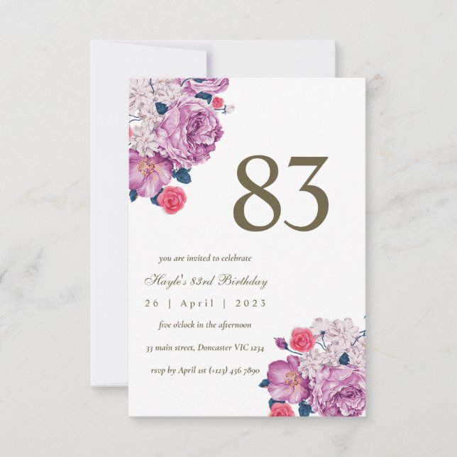 Purple Floral Botanical Simple Chic 83rd Birthday Invitation (Front)