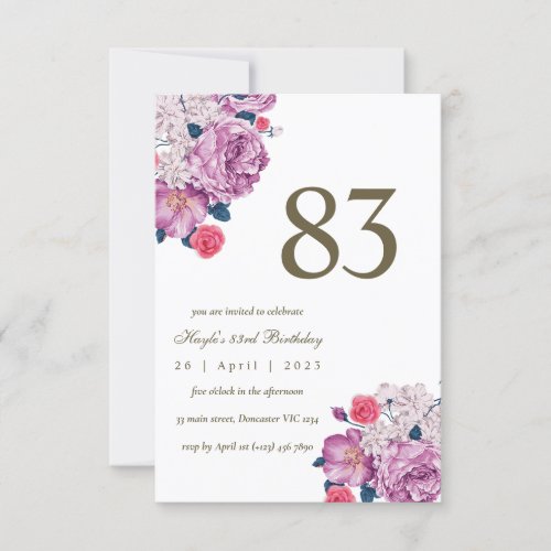 Purple Floral Botanical Simple Chic 83rd Birthday Invitation