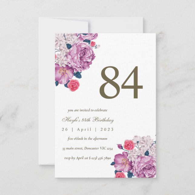 Purple Floral Botanical Simple Chic 84th Birthday Invitation (Front)