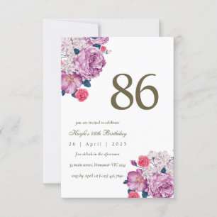 Purple Floral Botanical Simple Chic 86th Birthday Invitation