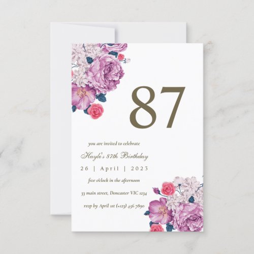 Purple Floral Botanical Simple Chic 87th Birthday Invitation