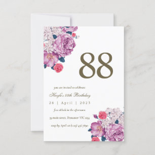 Purple Floral Botanical Simple Chic 88th Birthday Invitation