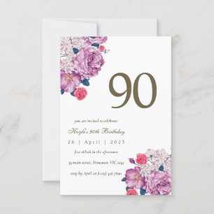 Purple Floral Botanical Simple Chic 90th Birthday Invitation