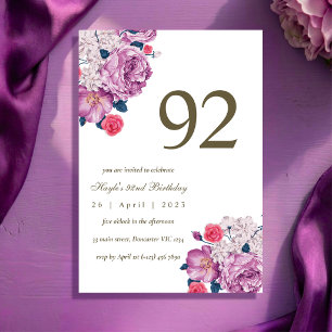 Purple Floral Botanical Simple Chic 92nd Birthday Invitation