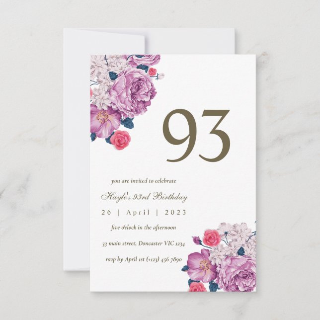 Purple Floral Botanical Simple Chic 93rd Birthday Invitation (Front)