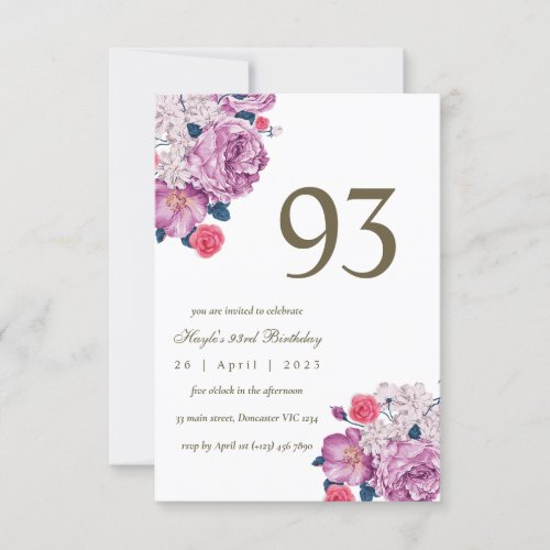 Purple Floral Botanical Simple Chic 93rd Birthday Invitation