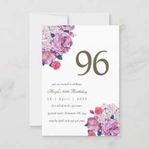 Purple Floral Botanical Simple Chic 96th Birthday Invitation