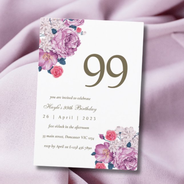 Purple Floral Botanical Simple Chic 99th Birthday Invitation (Creator Uploaded)