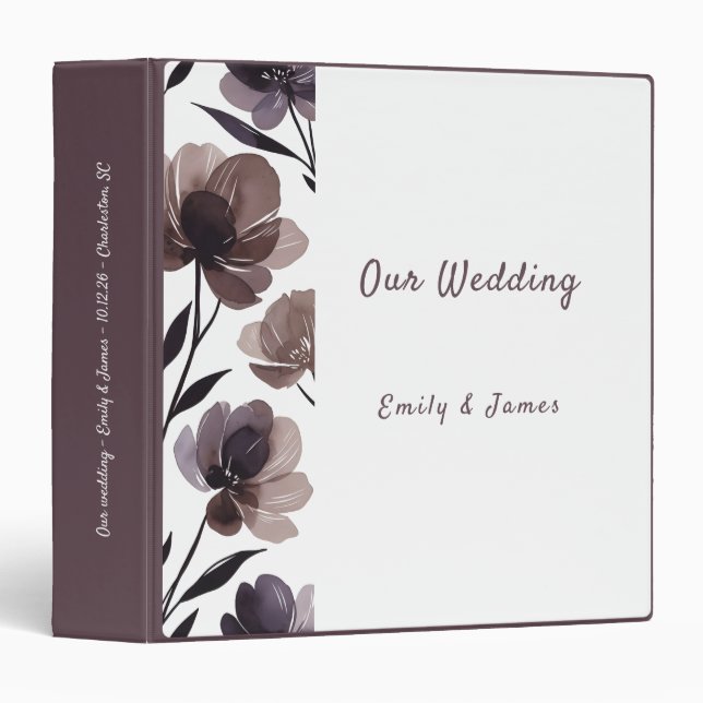 Purple Floral Botanical Wedding 3 Ring Binder (Front/Spine)