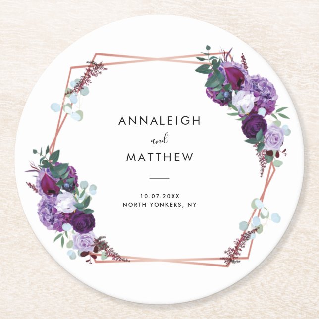 Purple Floral Botanical Wedding Favors Round Paper Coaster (Front)