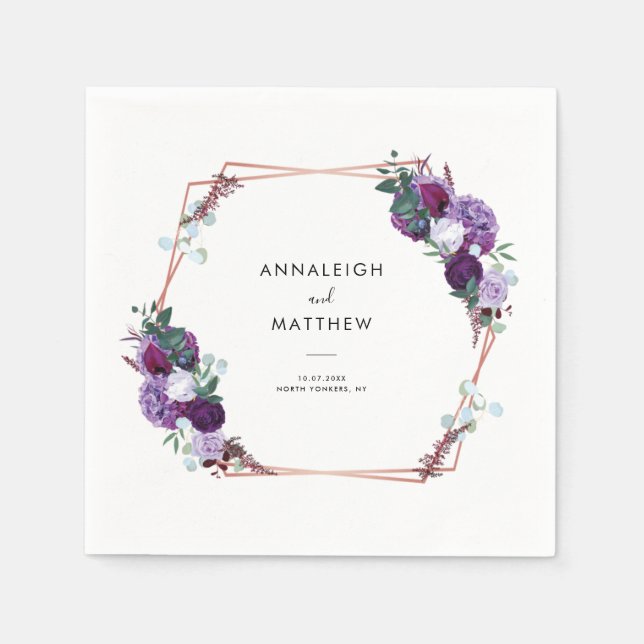 Purple Floral Botanical Wedding Paper Napkins (Front)