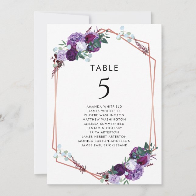 Purple Floral Botanical Wedding Table Number (Front)