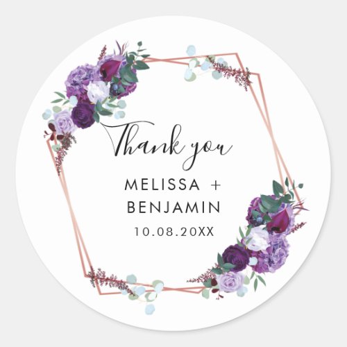 Purple Floral Botanical Wedding Thank You Favor Classic Round Sticker