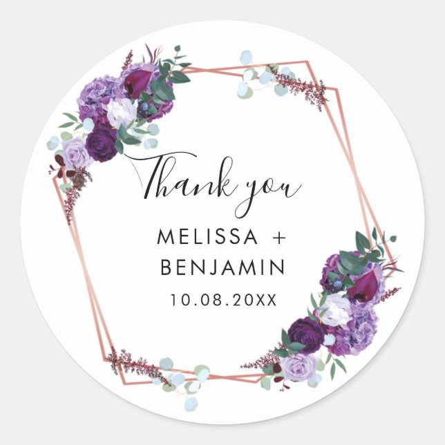 Purple Floral Botanical Wedding Thank You Favor Classic Round Sticker (Front)