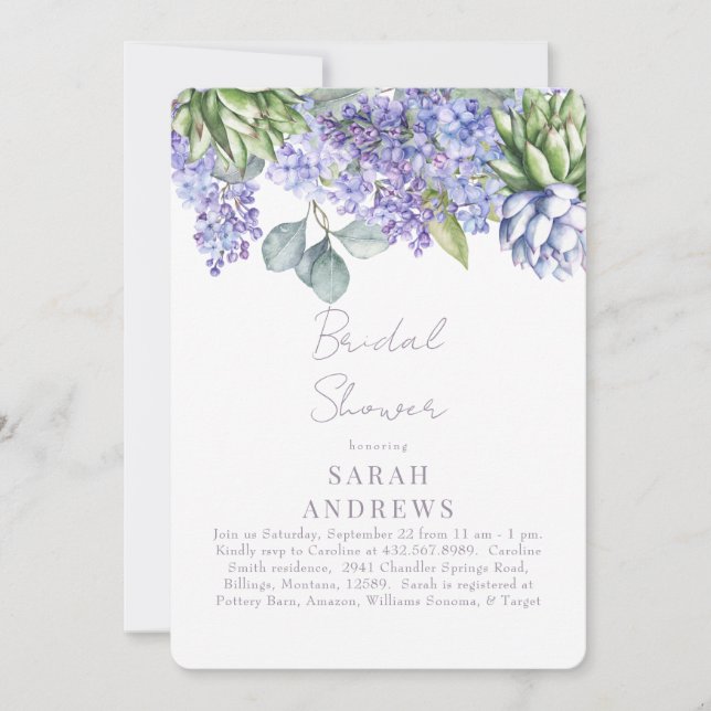 Purple Floral Botanical White Bridal Shower  Invitation (Front)