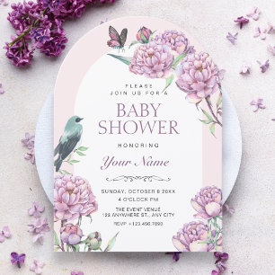 Purple floral branch baby shower invitation