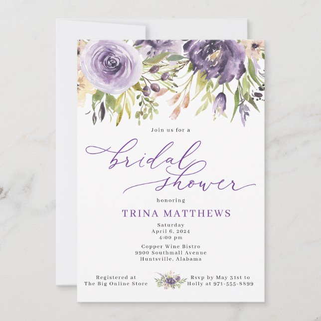 Purple Floral Bridal Shower Invitation (Front)