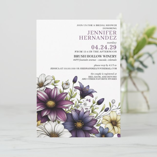Purple Floral Bridal Shower Invitation (Standing Front)