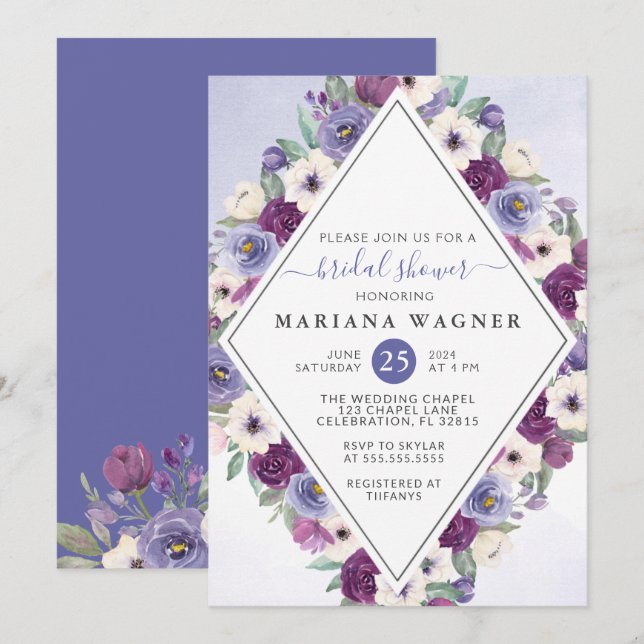 Purple Floral Bridal Shower Invitation (Front/Back)