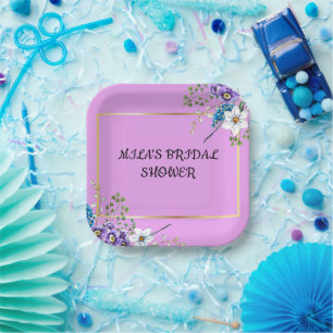 Purple floral bridal shower invitation paper plates