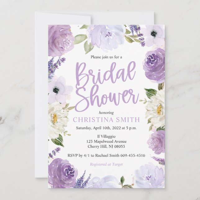 Purple Floral Bridal Shower Invitations (Front)