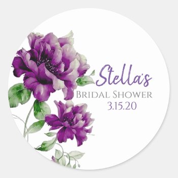 Purple Floral Bridal Shower Labels by ThreeFoursDesign at Zazzle