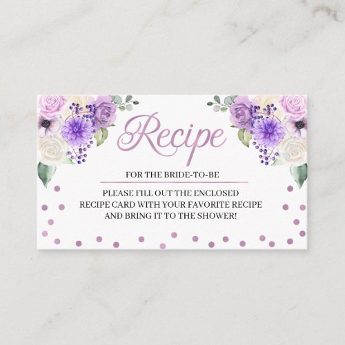 Purple Floral Bridal Shower Recipe Enclosure Card