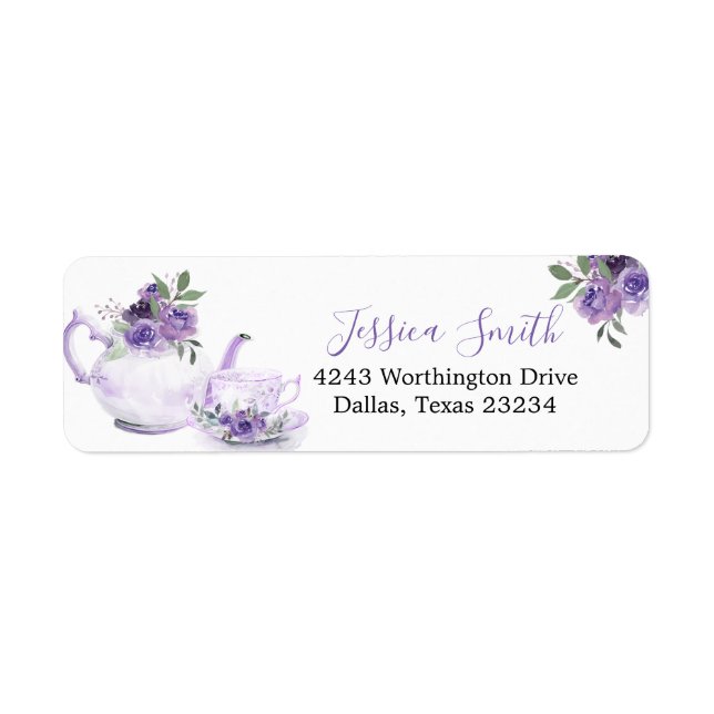 Purple Floral Bridal Shower Tea Address Label (Front)