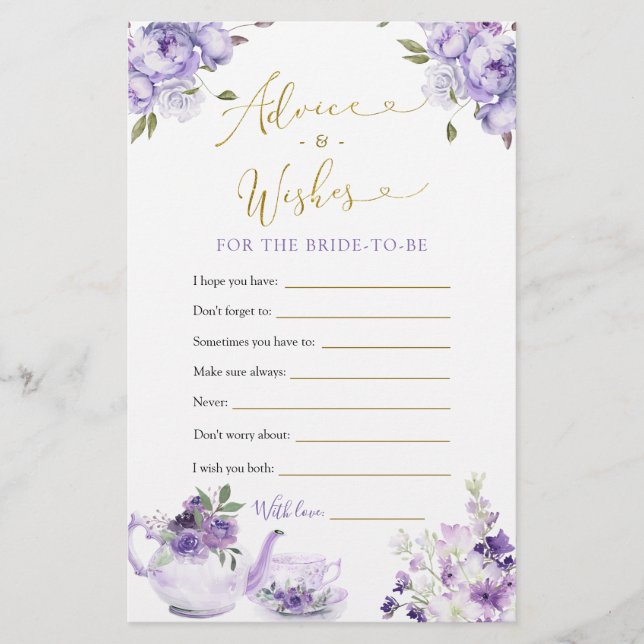 Purple Floral Bridal Shower Tea Advice and Wishes (Front)