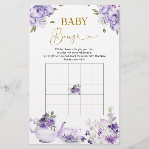 Purple Floral Bridal Shower Tea Baby Bingo Game