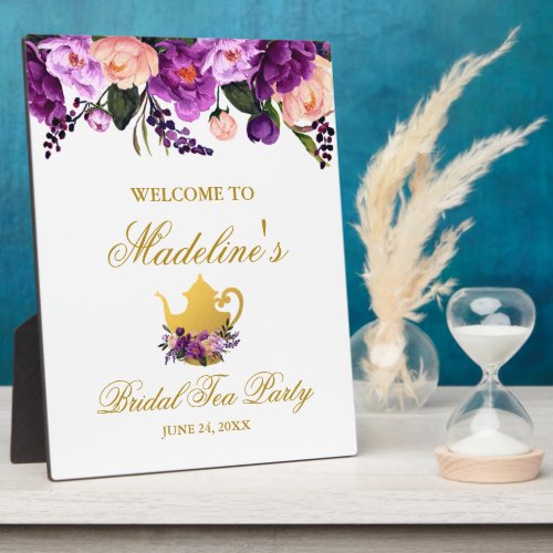 Purple Floral Bridal Shower Tea Gold Welcome Plaque