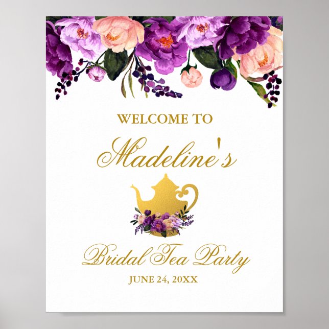 Purple Floral Bridal Shower Tea Gold Welcome Poster (Front)