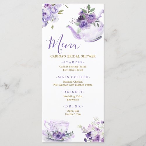 Purple Floral Bridal Shower Tea Menu Card