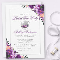 Purple Floral Bridal Shower Tea Party Invitation