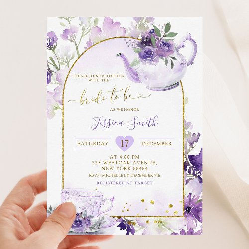 Purple Floral Bridal Shower Tea Party Invitation